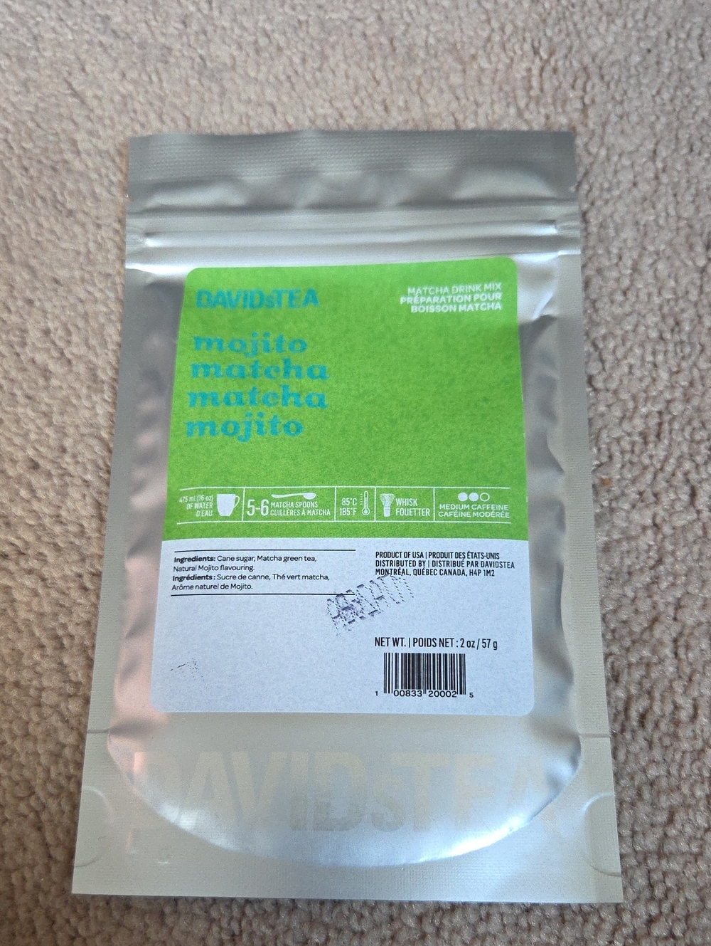 2/$25 Sealed! Davidstea MOJITO MATCHA Drink Mix 50g Davids Tea